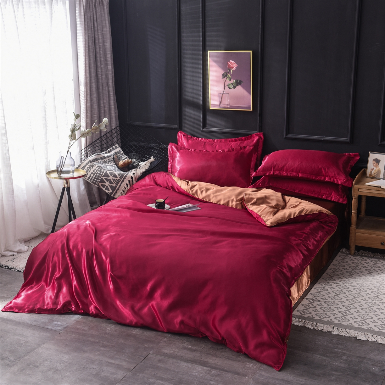 91家纺网 家纺一手货源 找家纺 经年 2026新款特价款丝绸冰丝四件套 酒红咖啡