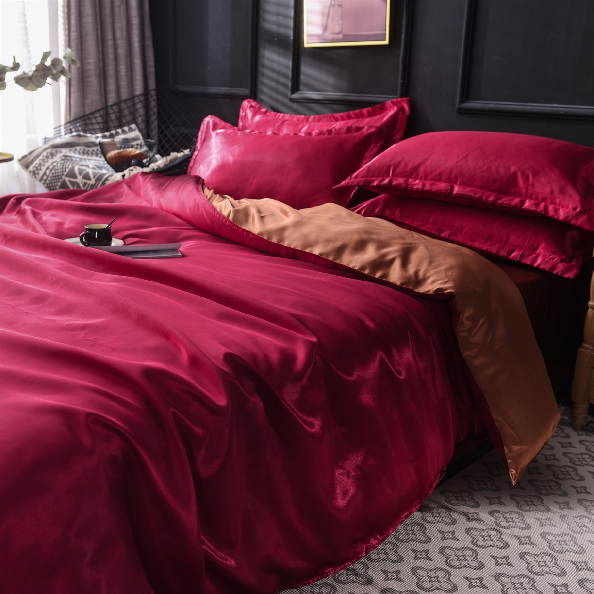 91家纺网 家纺一手货源 找家纺 经年 2026新款特价款丝绸冰丝四件套 酒红咖啡