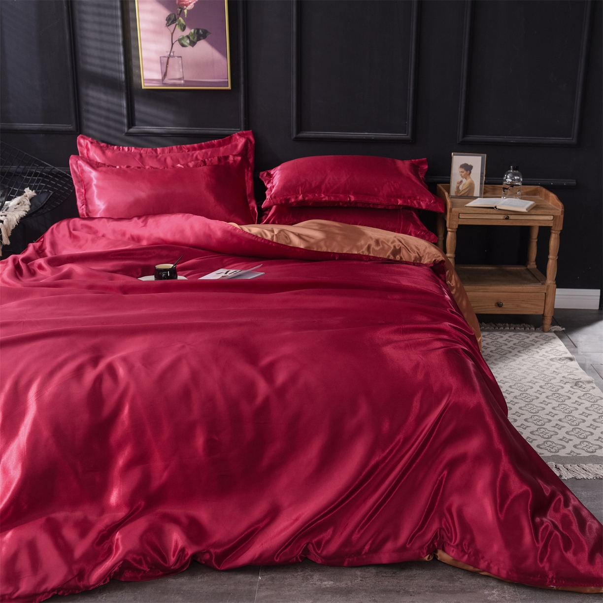 91家纺网 家纺一手货源 找家纺 经年 2026新款特价款丝绸冰丝四件套 酒红咖啡