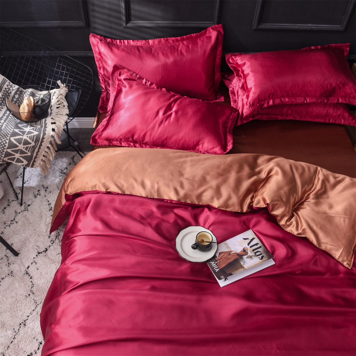 91家纺网 家纺一手货源 找家纺 经年 2026新款特价款丝绸冰丝四件套 酒红咖啡