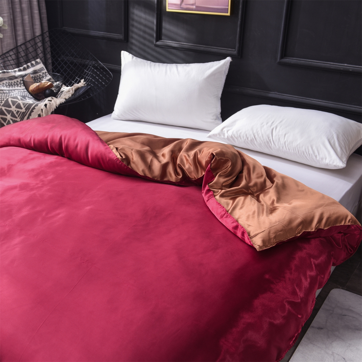 91家纺网 家纺一手货源 找家纺 经年 2026新款特价款丝绸冰丝四件套 酒红咖啡