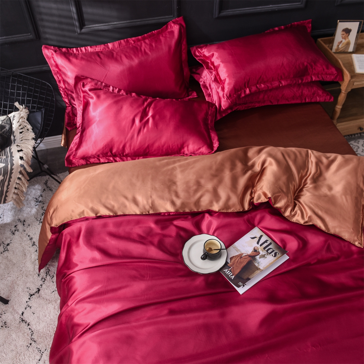 91家纺网 家纺一手货源 找家纺 经年 2026新款特价款丝绸冰丝四件套 酒红咖啡