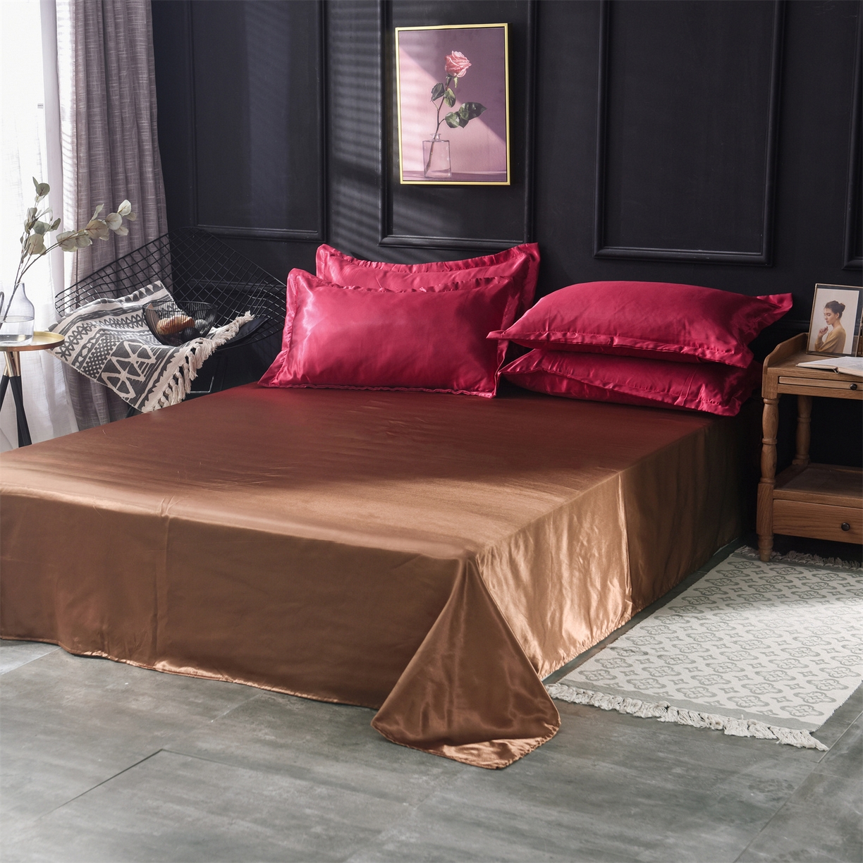 91家纺网 家纺一手货源 找家纺 经年 2026新款特价款丝绸冰丝四件套 酒红咖啡