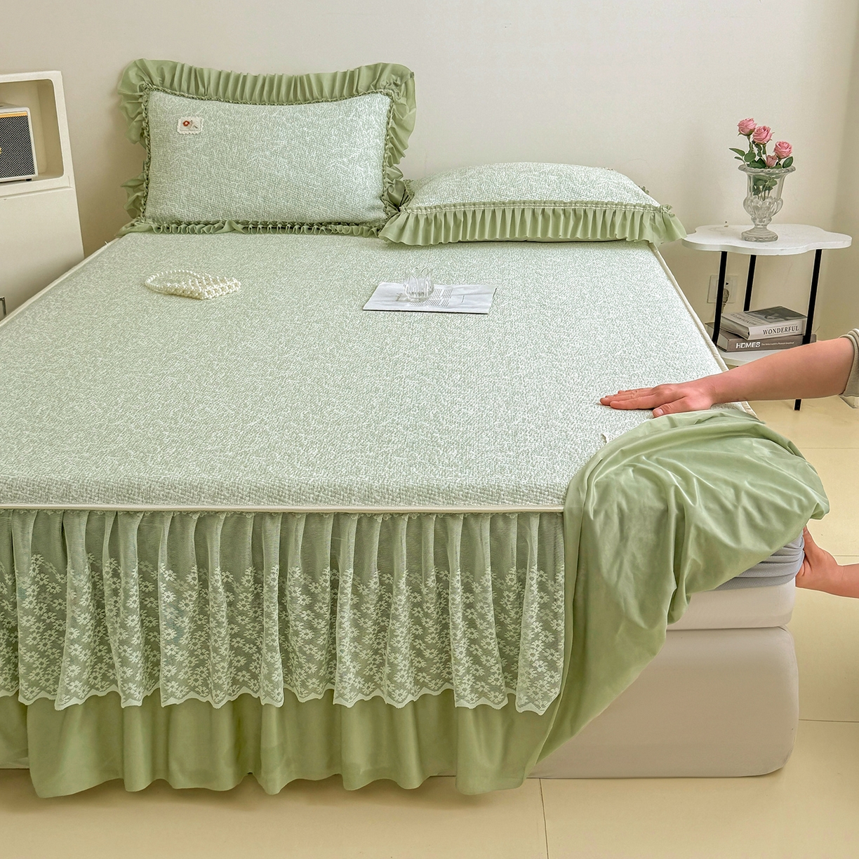 91家纺网 家纺一手货源 找家纺 （总）情恒家纺 2026春夏新款PE提花肌理纹床笠式床裙席凉席席子-安娜