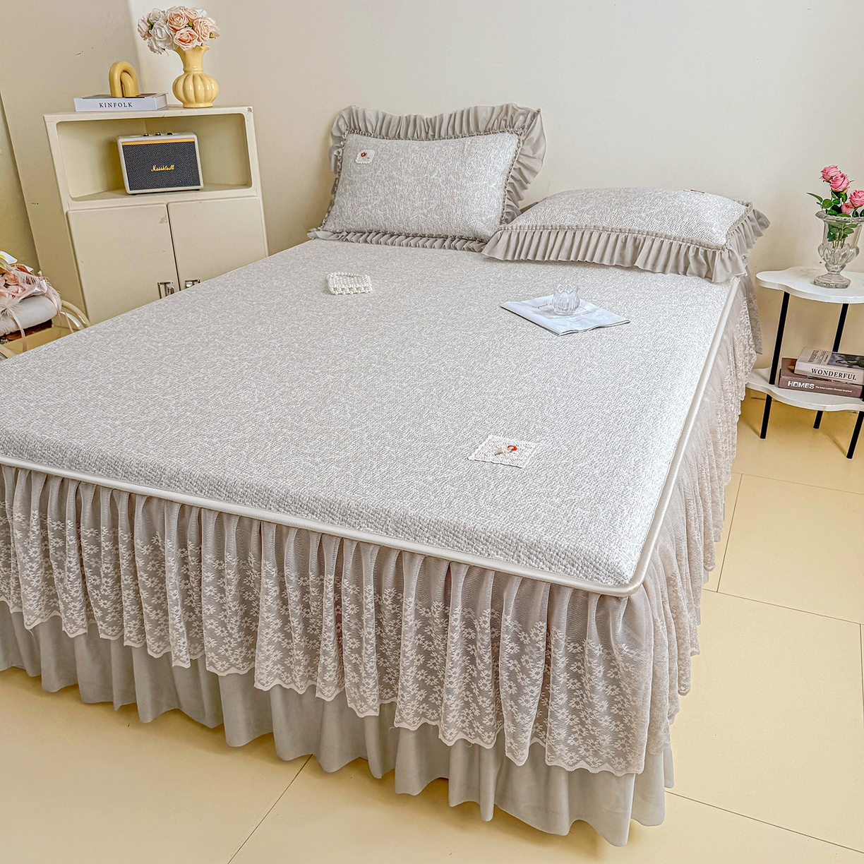 91家纺网 家纺一手货源 找家纺 情恒家纺 2026春夏新款PE提花肌理纹床笠式床裙席凉席席子-安娜 安娜-星辰灰