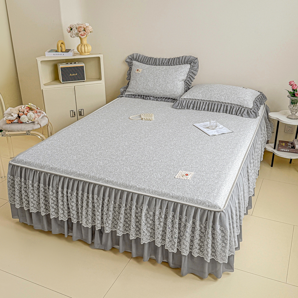 91家纺网 家纺一手货源 找家纺 情恒家纺 2026春夏新款PE提花肌理纹床笠式床裙席凉席席子-安娜 安娜-深远灰