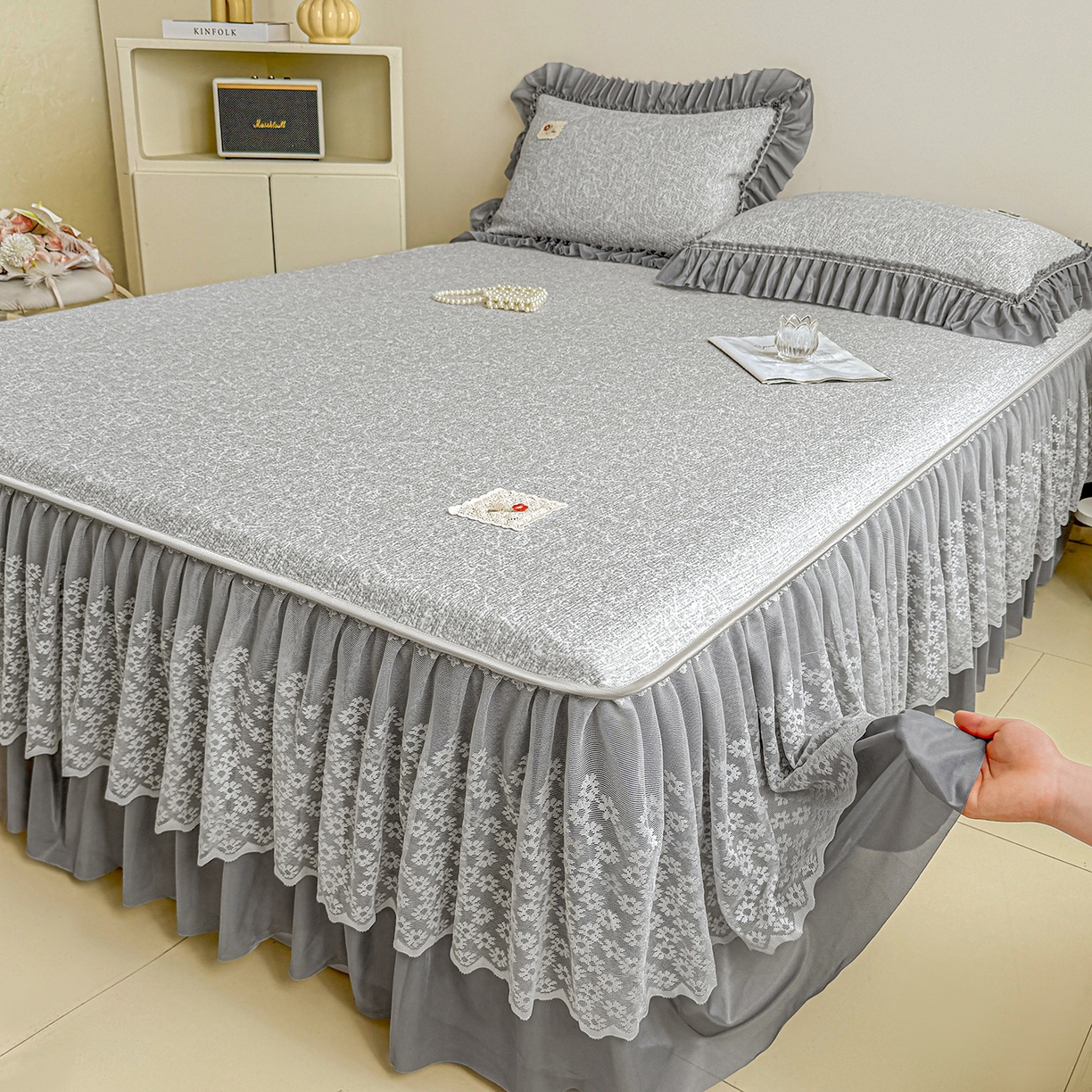 91家纺网 家纺一手货源 找家纺 情恒家纺 2026春夏新款PE提花肌理纹床笠式床裙席凉席席子-安娜 安娜-深远灰