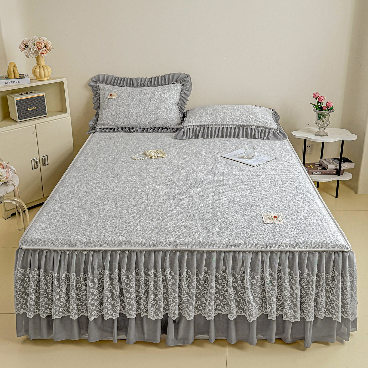 91家纺网 家纺一手货源 找家纺 情恒家纺 2026春夏新款PE提花肌理纹床笠式床裙席凉席席子-安娜 安娜-深远灰