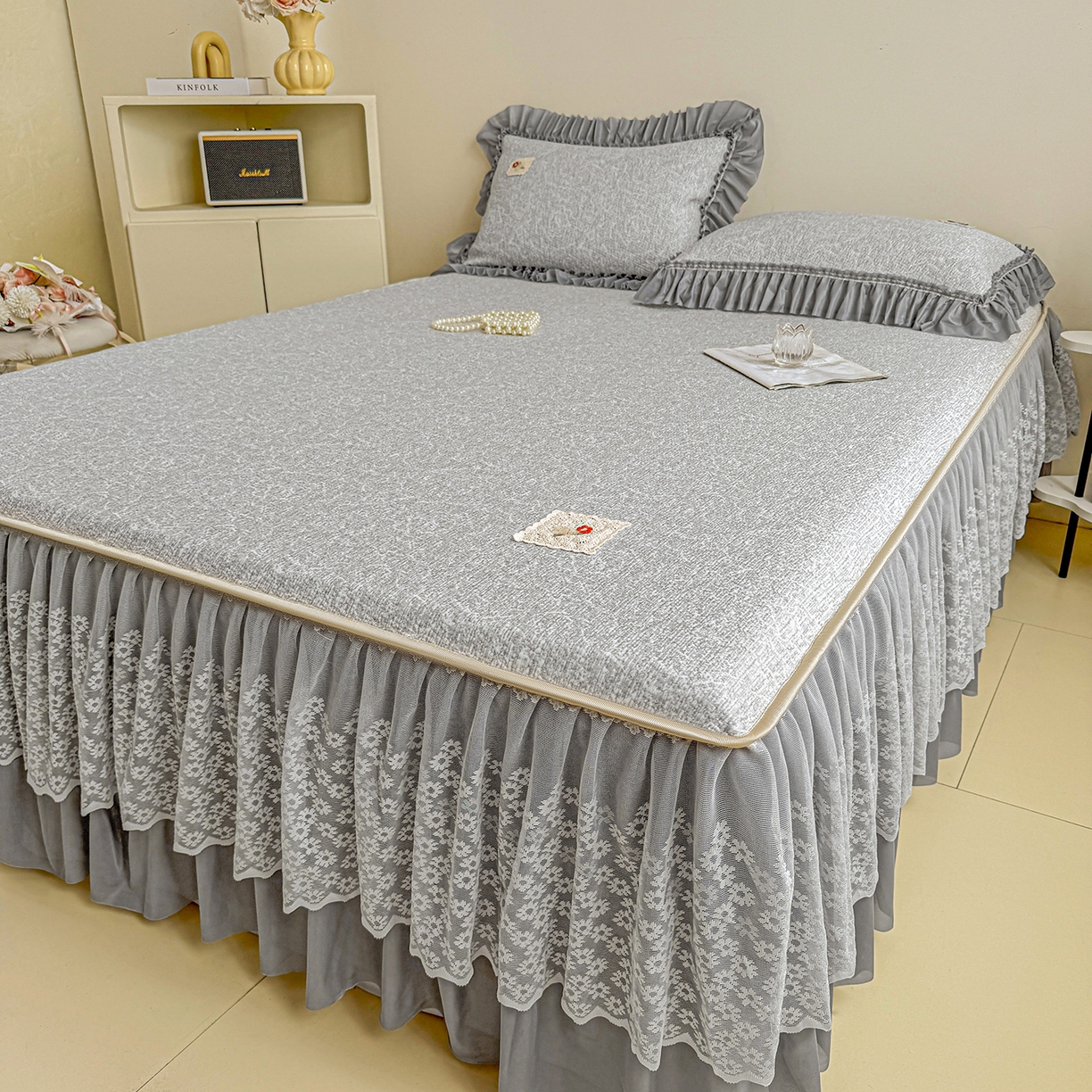 91家纺网 家纺一手货源 找家纺 情恒家纺 2026春夏新款PE提花肌理纹床笠式床裙席凉席席子-安娜 安娜-深远灰