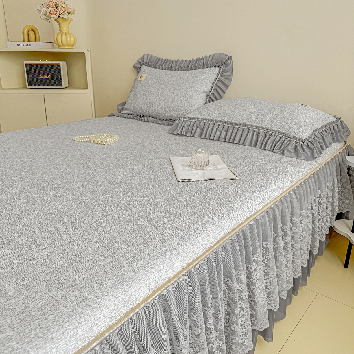 91家纺网 家纺一手货源 找家纺 情恒家纺 2026春夏新款PE提花肌理纹床笠式床裙席凉席席子-安娜 安娜-深远灰