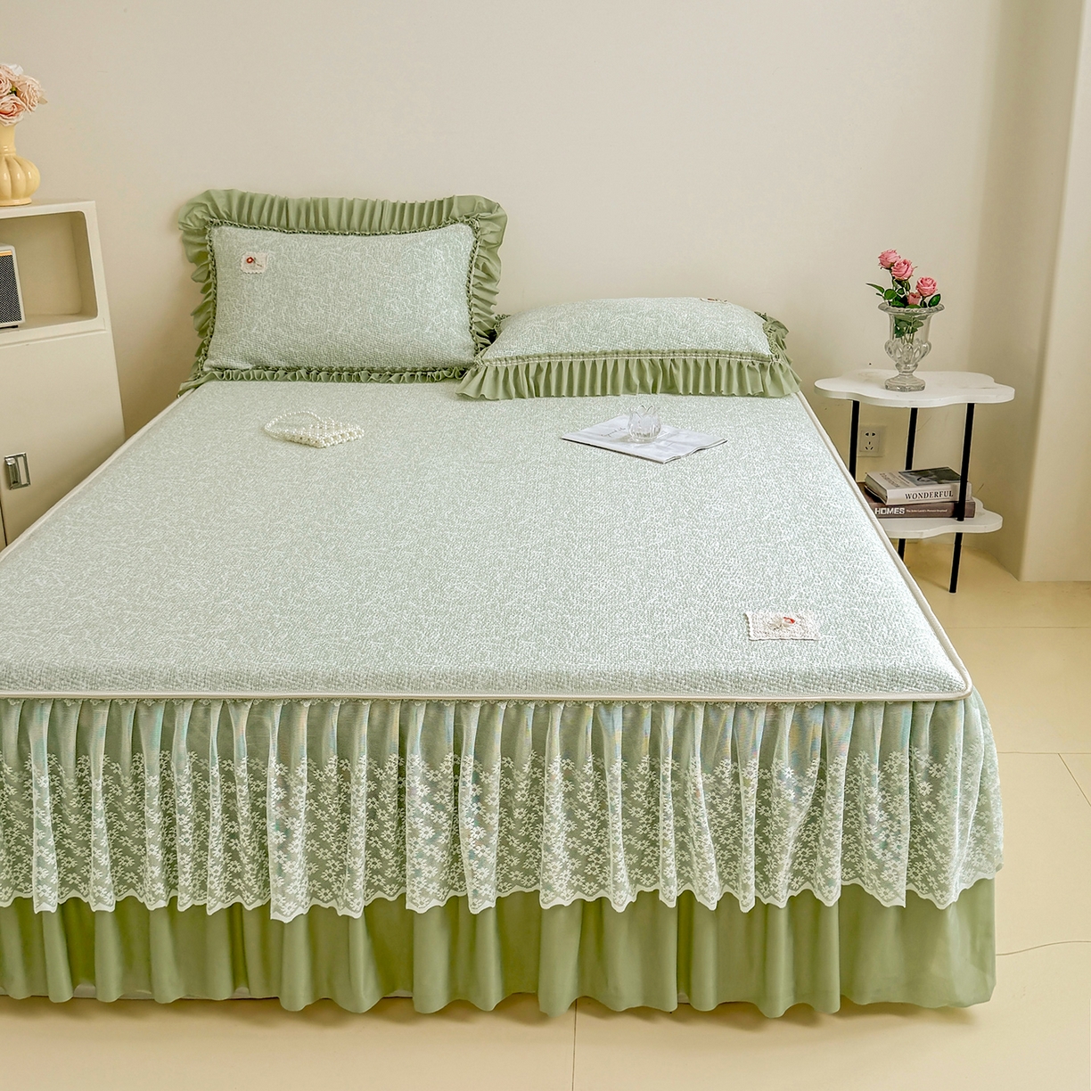 91家纺网 家纺一手货源 找家纺 情恒家纺 2026春夏新款PE提花肌理纹床笠式床裙席凉席席子-安娜 安娜-抹茶绿