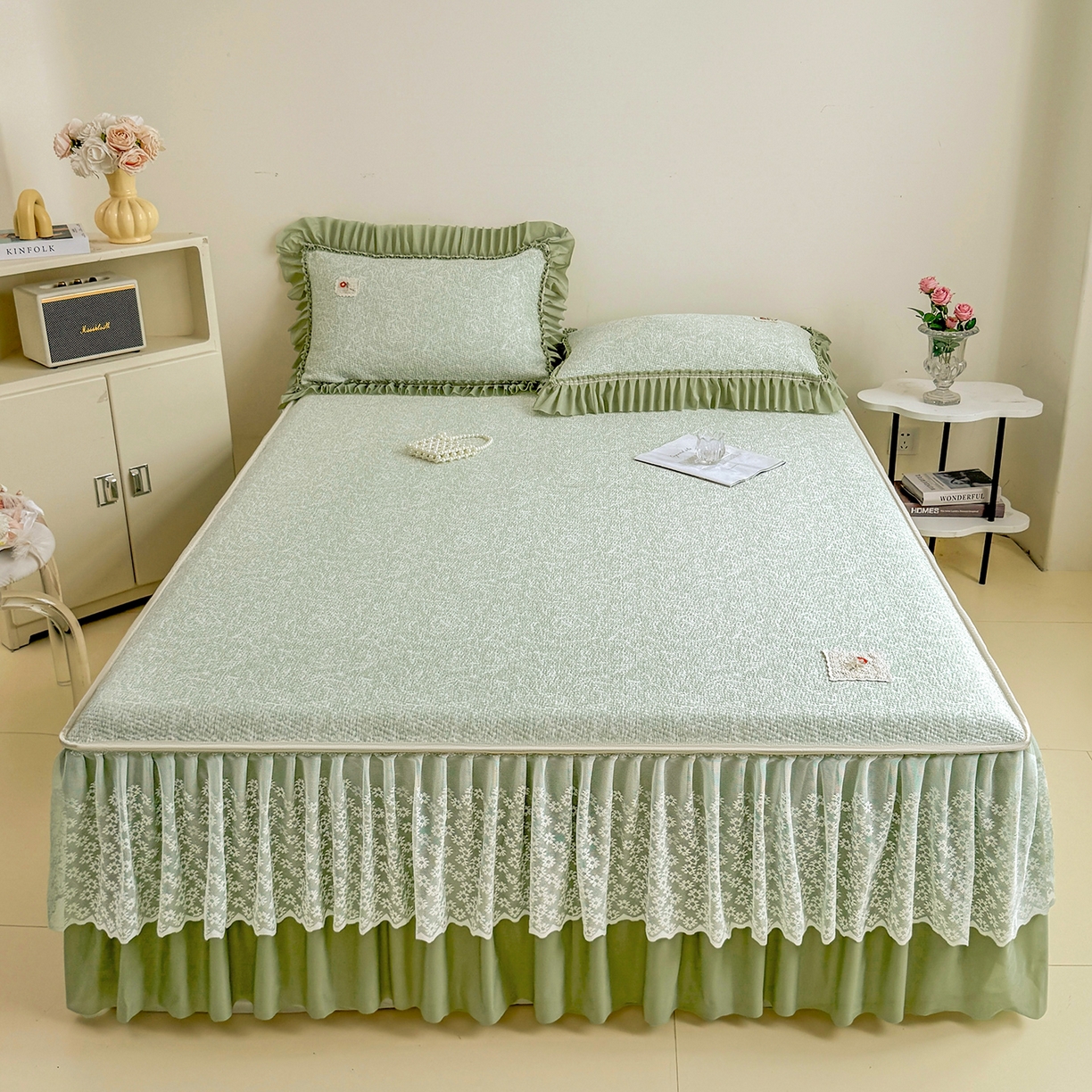 91家纺网 家纺一手货源 找家纺 情恒家纺 2026春夏新款PE提花肌理纹床笠式床裙席凉席席子-安娜 安娜-抹茶绿