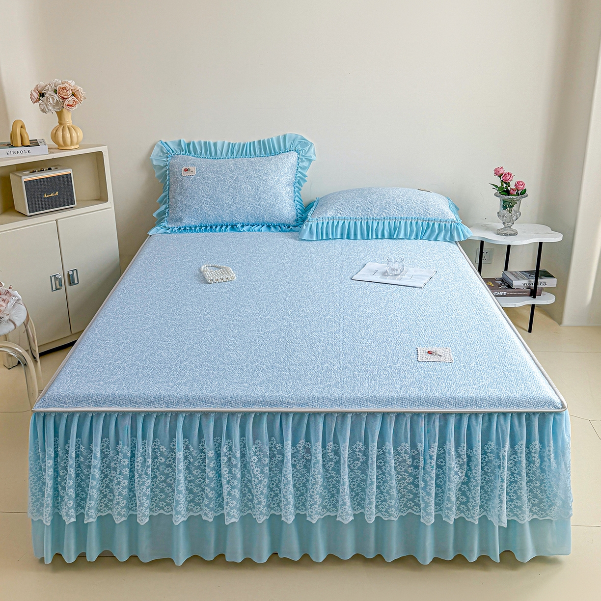 91家纺网 家纺一手货源 找家纺 情恒家纺 2026春夏新款PE提花肌理纹床笠式床裙席凉席席子-安娜 安娜-晚安蓝