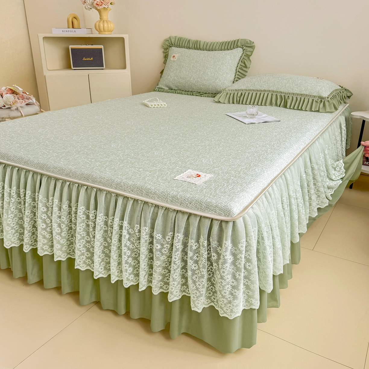 91家纺网 家纺一手货源 找家纺 情恒家纺 2026春夏新款PE提花肌理纹床笠式床裙席凉席席子-安娜 安娜-抹茶绿