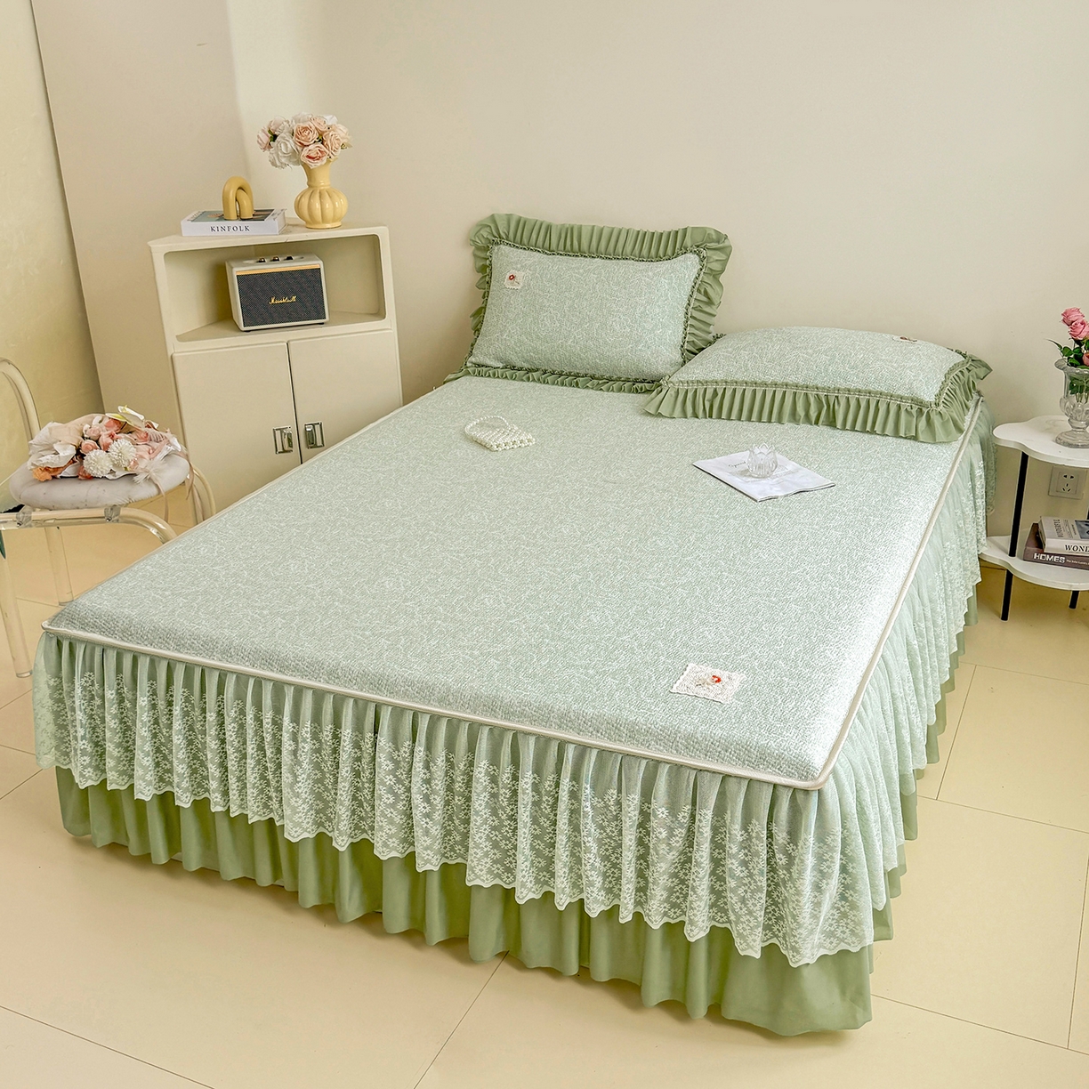 91家纺网 家纺一手货源 找家纺 情恒家纺 2026春夏新款PE提花肌理纹床笠式床裙席凉席席子-安娜 安娜-抹茶绿