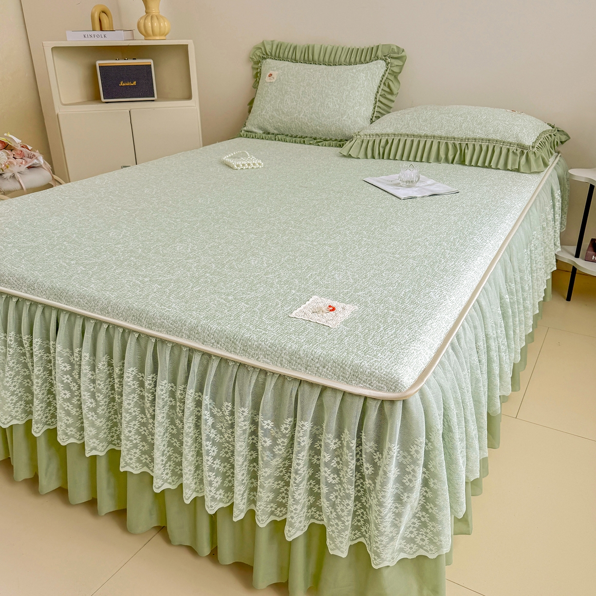 91家纺网 家纺一手货源 找家纺 情恒家纺 2026春夏新款PE提花肌理纹床笠式床裙席凉席席子-安娜 安娜-抹茶绿