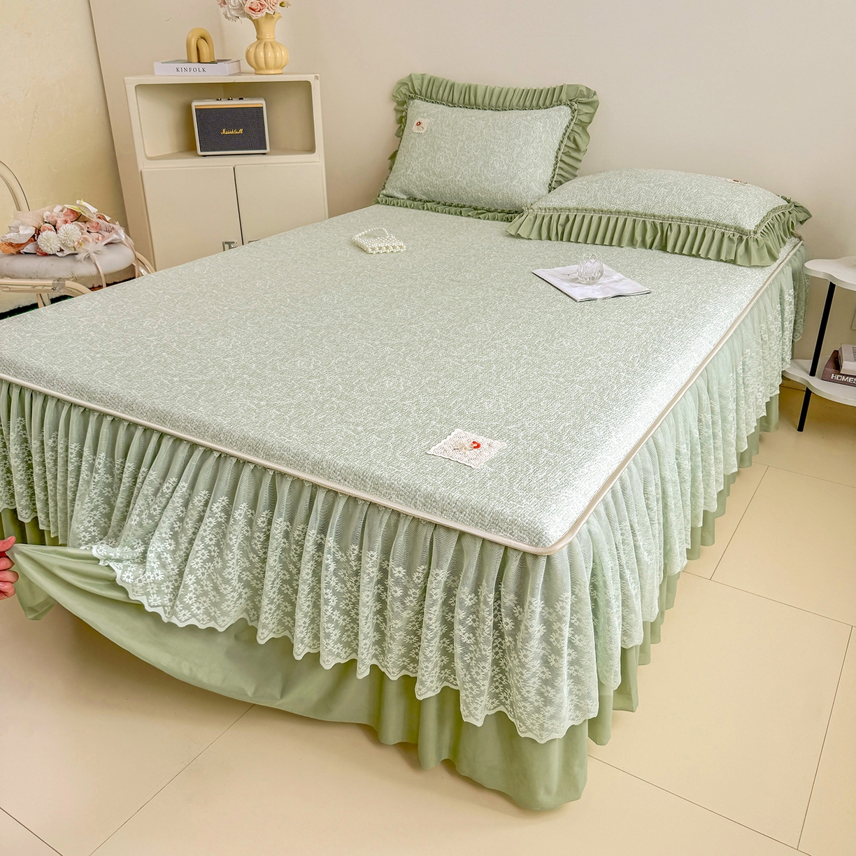 91家纺网 家纺一手货源 找家纺 情恒家纺 2026春夏新款PE提花肌理纹床笠式床裙席凉席席子-安娜 安娜-抹茶绿