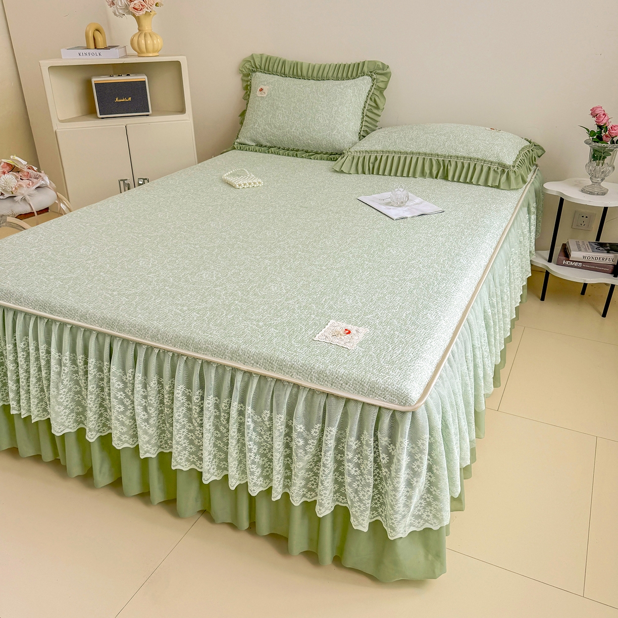 91家纺网 家纺一手货源 找家纺 情恒家纺 2026春夏新款PE提花肌理纹床笠式床裙席凉席席子-安娜 安娜-抹茶绿