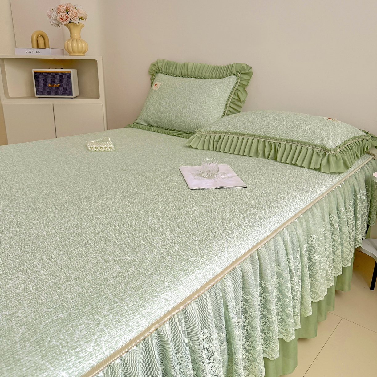 91家纺网 家纺一手货源 找家纺 情恒家纺 2026春夏新款PE提花肌理纹床笠式床裙席凉席席子-安娜 安娜-抹茶绿