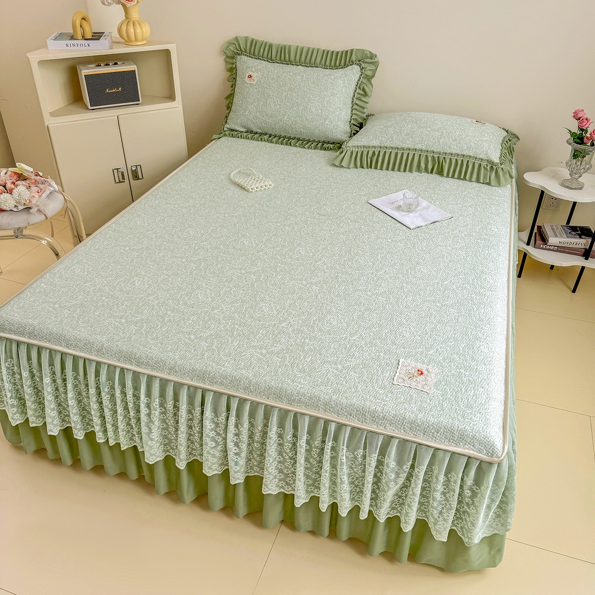 91家纺网 家纺一手货源 找家纺 情恒家纺 2026春夏新款PE提花肌理纹床笠式床裙席凉席席子-安娜 安娜-抹茶绿