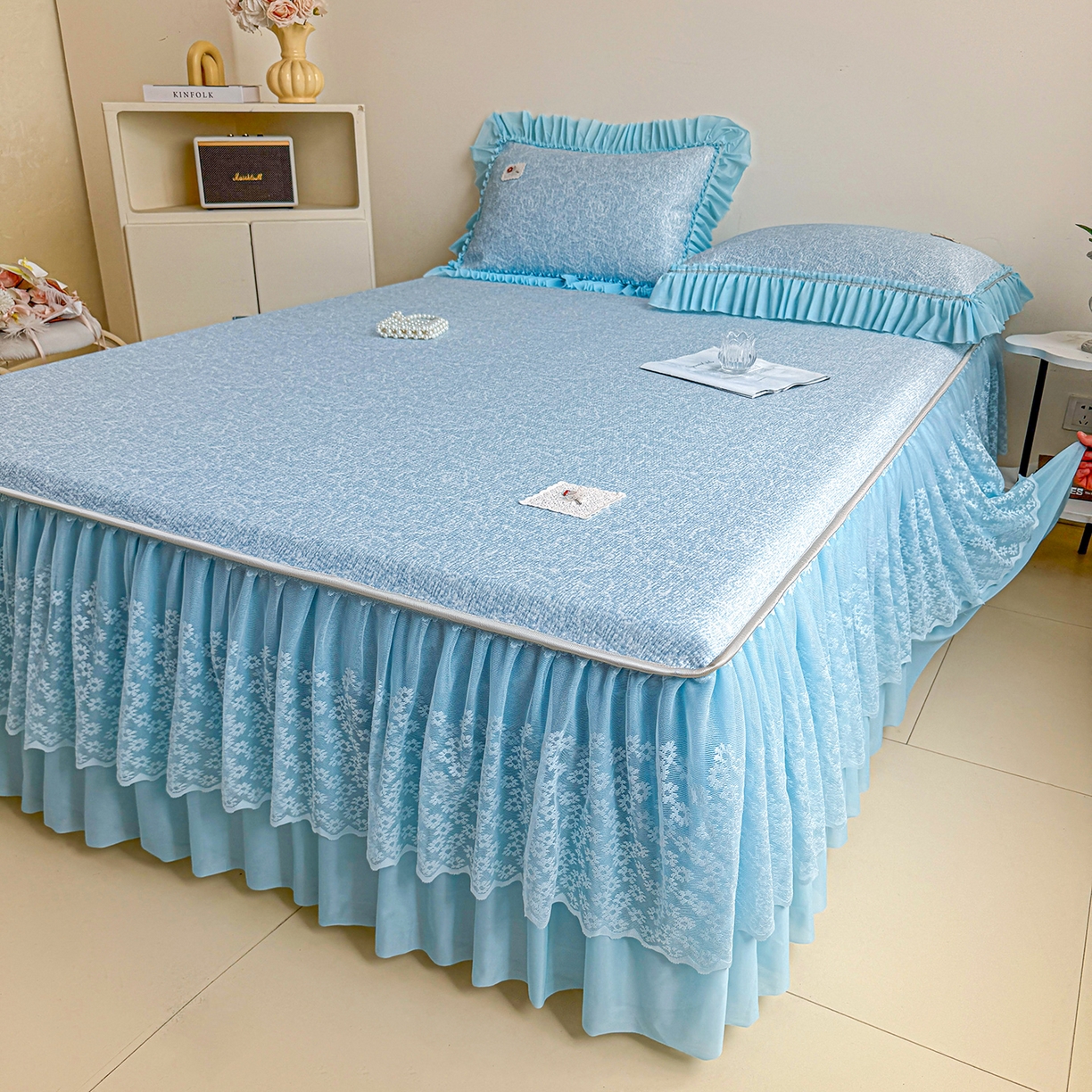 91家纺网 家纺一手货源 找家纺 情恒家纺 2026春夏新款PE提花肌理纹床笠式床裙席凉席席子-安娜 安娜-晚安蓝