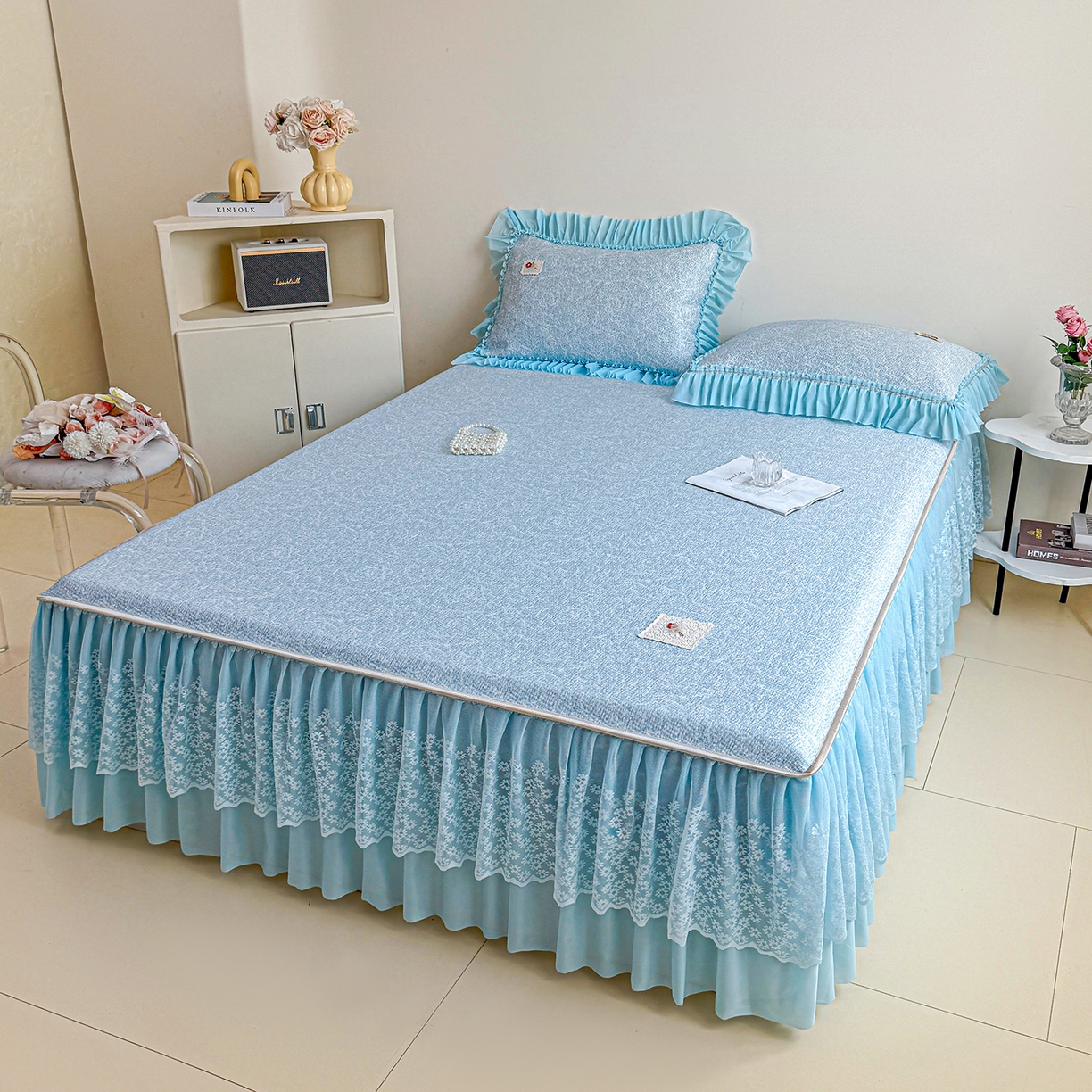 91家纺网 家纺一手货源 找家纺 情恒家纺 2026春夏新款PE提花肌理纹床笠式床裙席凉席席子-安娜 安娜-晚安蓝