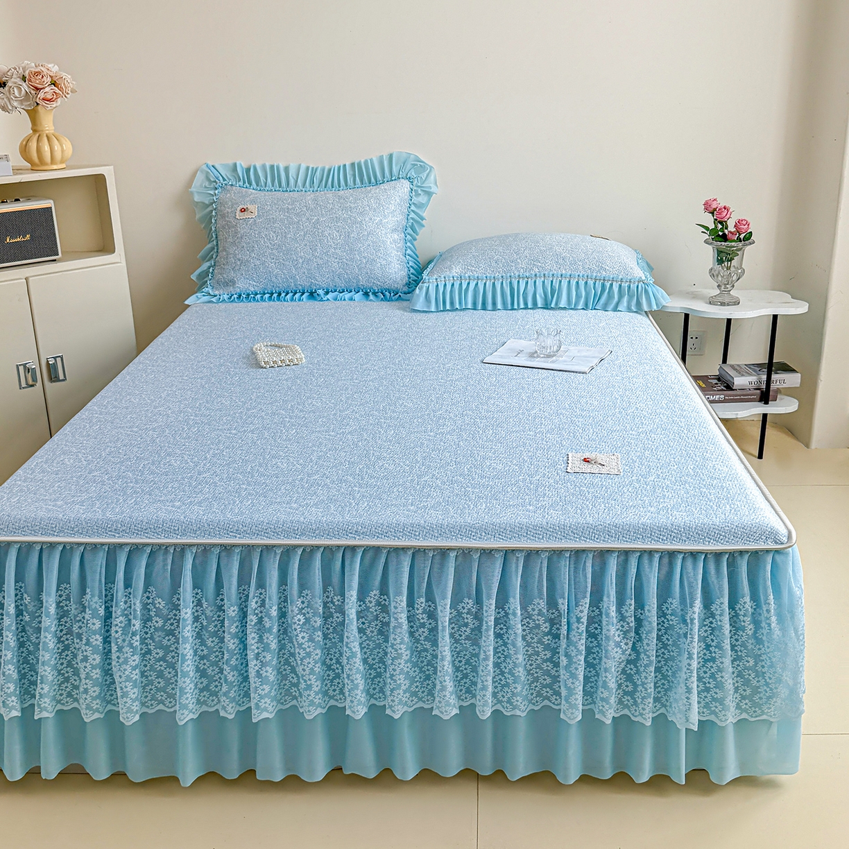 91家纺网 家纺一手货源 找家纺 情恒家纺 2026春夏新款PE提花肌理纹床笠式床裙席凉席席子-安娜 安娜-晚安蓝