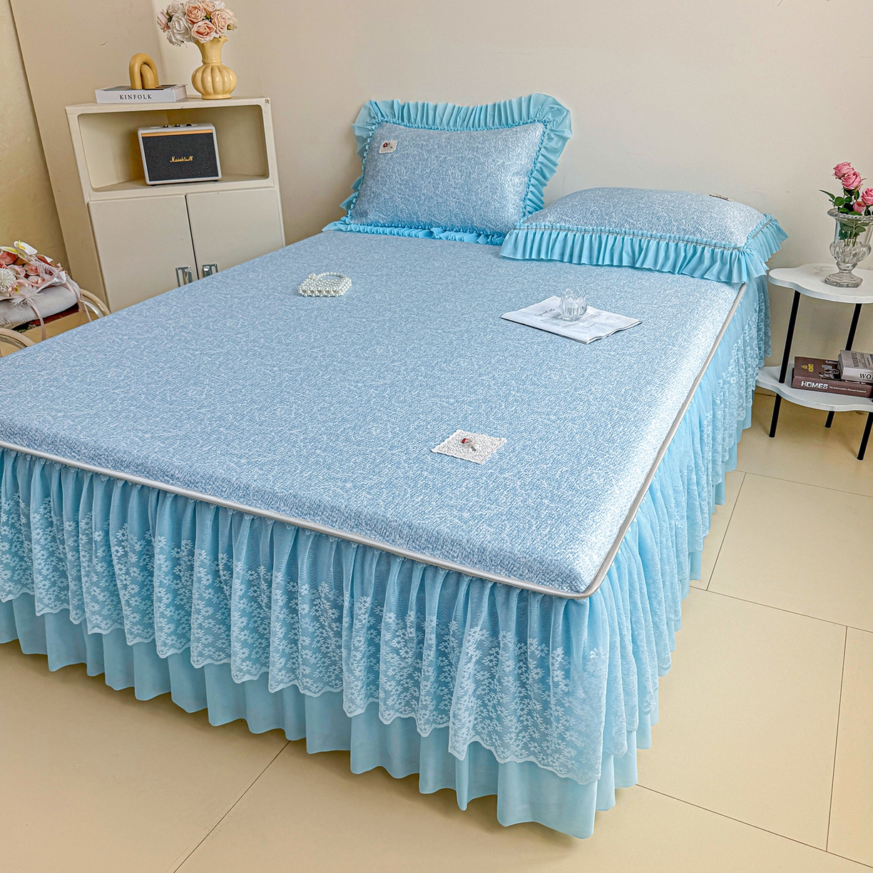 91家纺网 家纺一手货源 找家纺 情恒家纺 2026春夏新款PE提花肌理纹床笠式床裙席凉席席子-安娜 安娜-晚安蓝