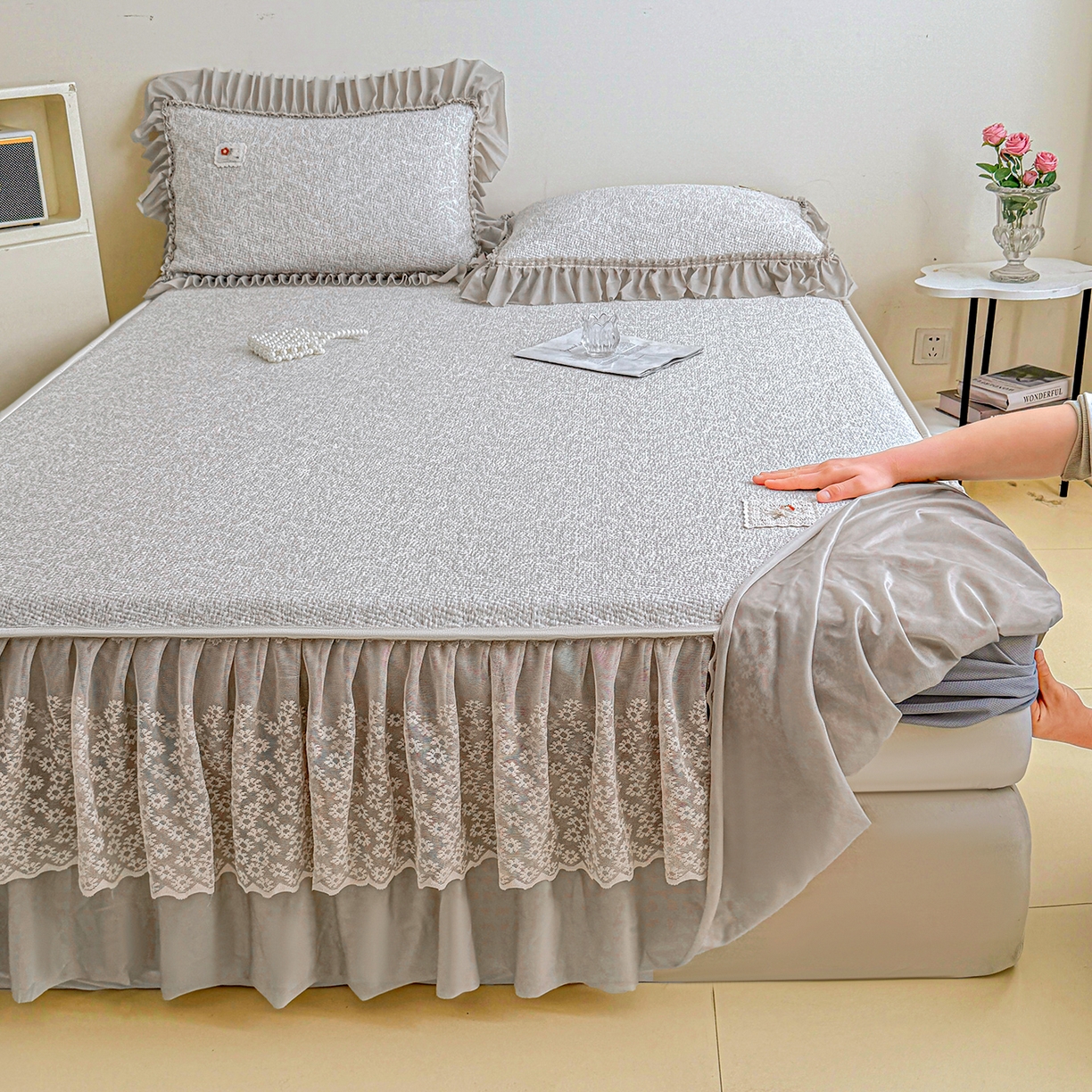 情恒家纺 2026春夏新款PE提花肌理纹床笠式床裙席凉席席子-安娜 安娜-星辰灰