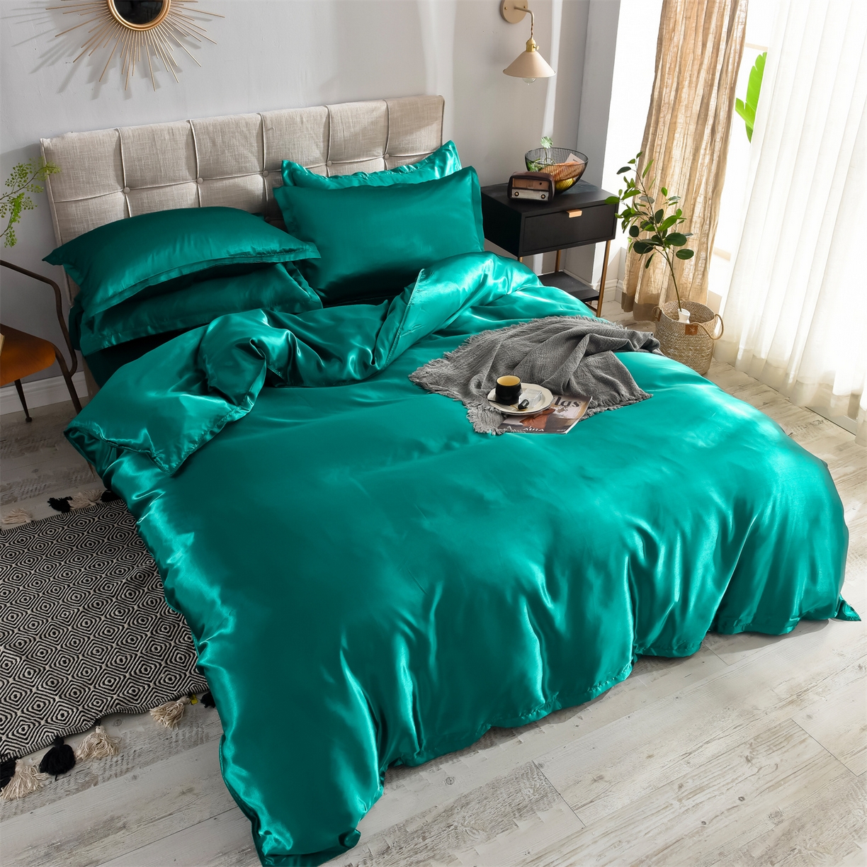 91家纺网 家纺一手货源 找家纺 经年 2026新款特价款丝绸冰丝四件套 墨绿