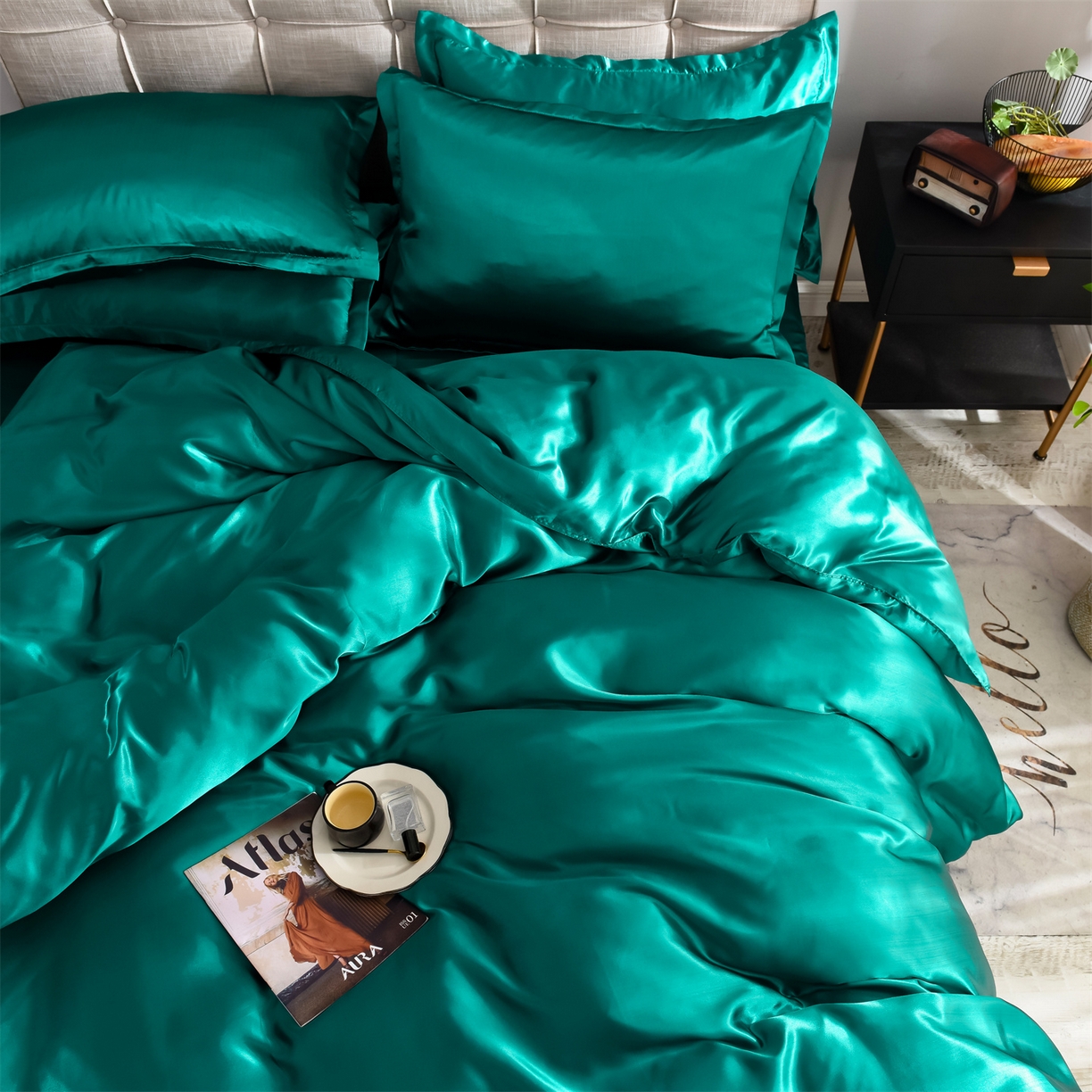 91家纺网 家纺一手货源 找家纺 经年 2026新款特价款丝绸冰丝四件套 墨绿