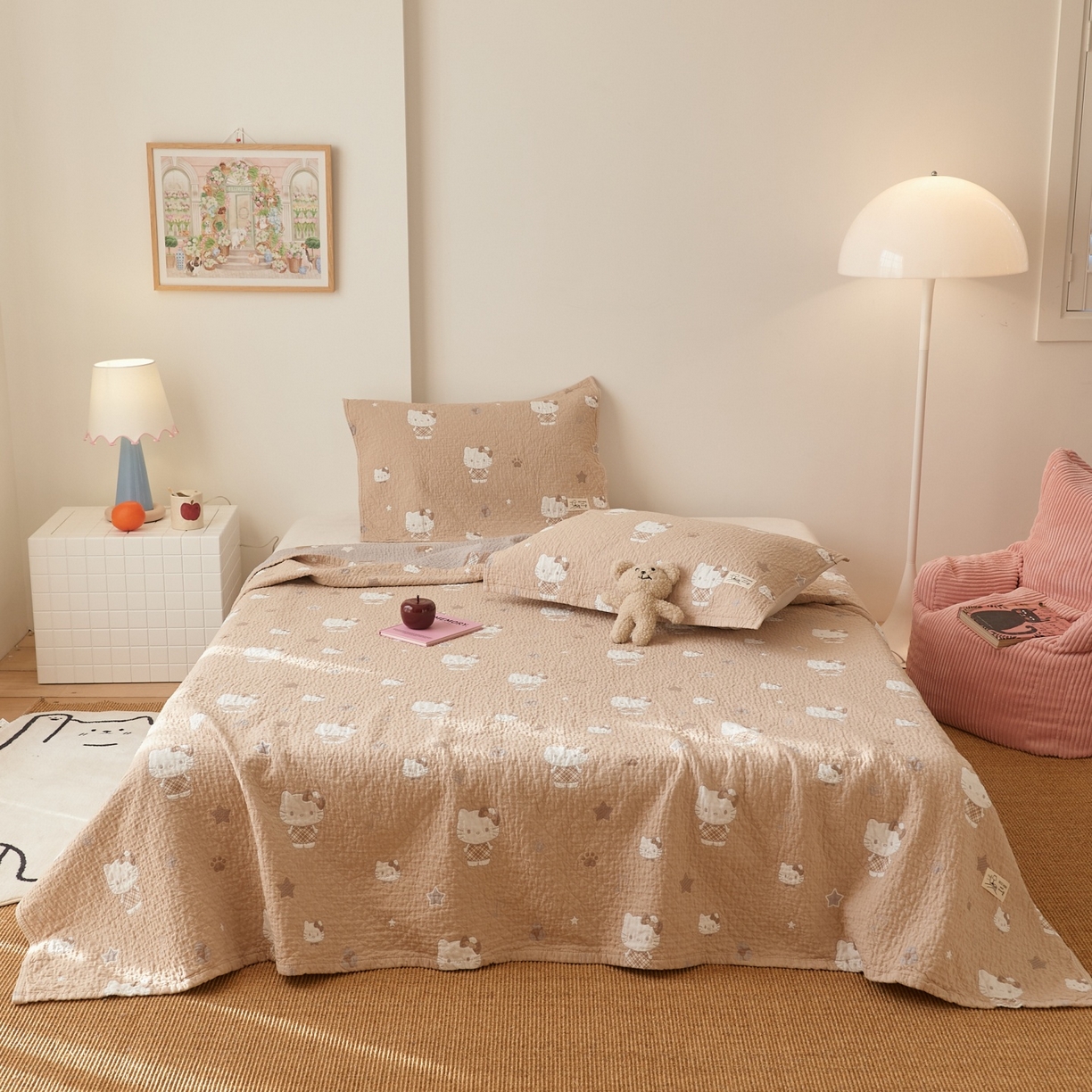 91家纺网 家纺一手货源 找家纺 沐瑟家纺 2026新款安心棉枕巾 KT猫棕色