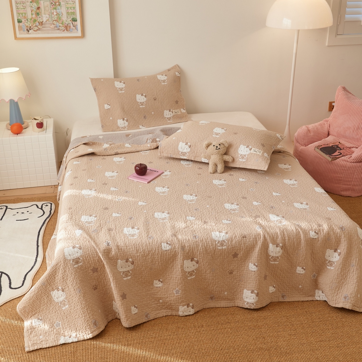 91家纺网 家纺一手货源 找家纺 沐瑟家纺 2026新款安心棉枕巾 KT猫棕色