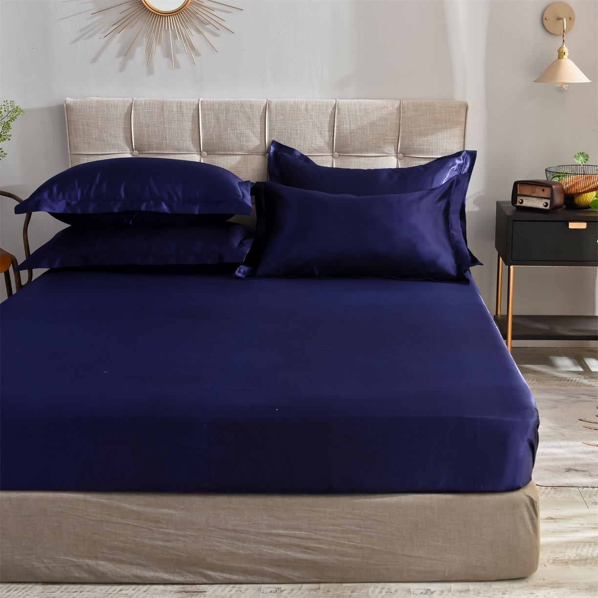 91家纺网 家纺一手货源 找家纺 经年 2026新款特价款丝绸冰丝四件套 深蓝