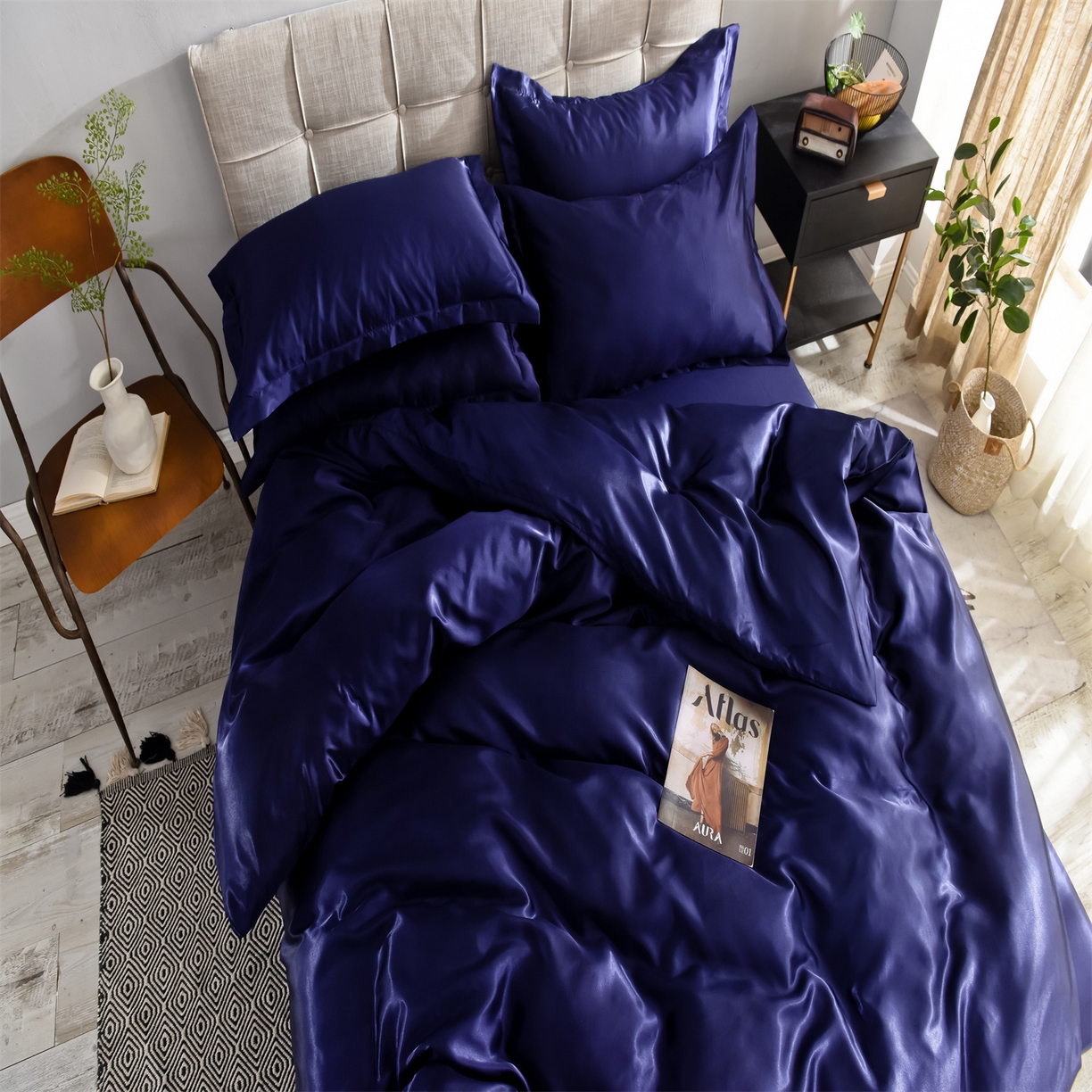 91家纺网 家纺一手货源 找家纺 经年 2026新款特价款丝绸冰丝四件套 深蓝