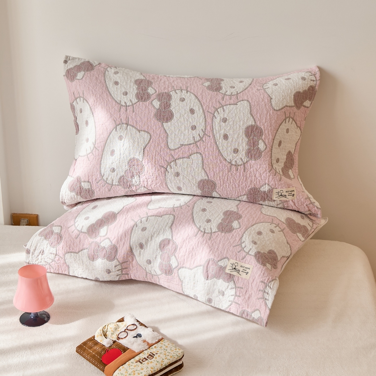 沐瑟家纺 2026新款安心棉枕巾 大猫头粉色