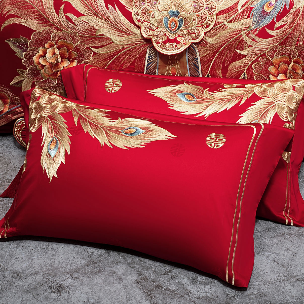 91家纺网 家纺一手货源 找家纺 柏拉图 2026新款100s长绒棉纯棉贡缎提花重工艺刺绣婚庆四件套多件套 龙凤盛典