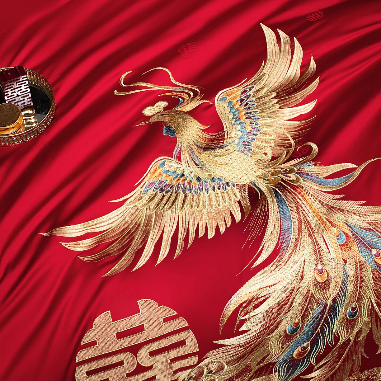 91家纺网 家纺一手货源 找家纺 柏拉图 2026新款100s长绒棉纯棉贡缎提花重工艺刺绣婚庆四件套多件套 龙凤盛典