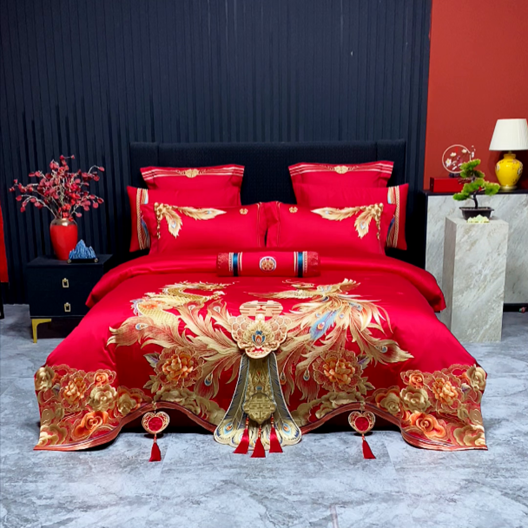 91家纺网 家纺一手货源 找家纺 柏拉图 2026新款100s长绒棉纯棉贡缎提花重工艺刺绣婚庆四件套多件套 龙凤盛典