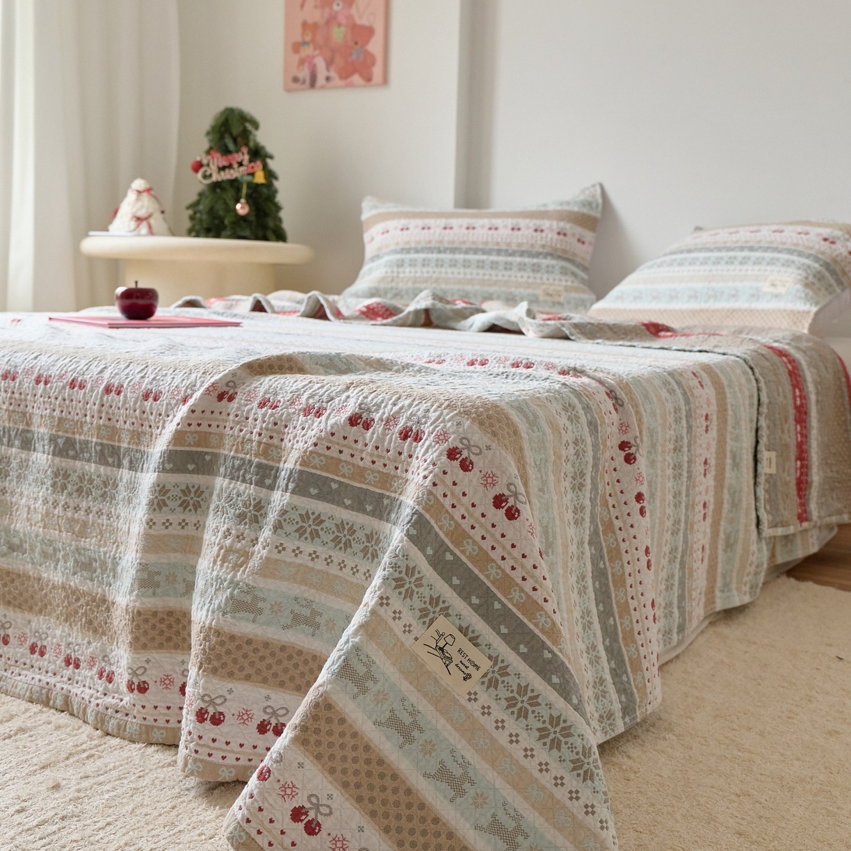 91家纺网 家纺一手货源 找家纺 沐瑟家纺 2026新款安心棉枕巾 费尔岛樱桃绿