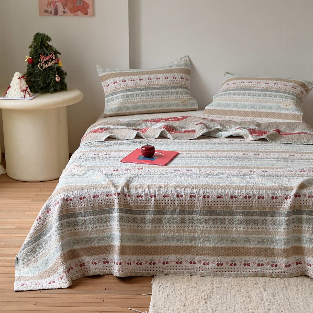 91家纺网 家纺一手货源 找家纺 沐瑟家纺 2026新款安心棉枕巾 费尔岛樱桃绿