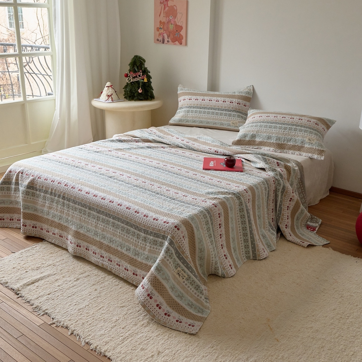 91家纺网 家纺一手货源 找家纺 沐瑟家纺 2026新款安心棉枕巾 费尔岛樱桃绿