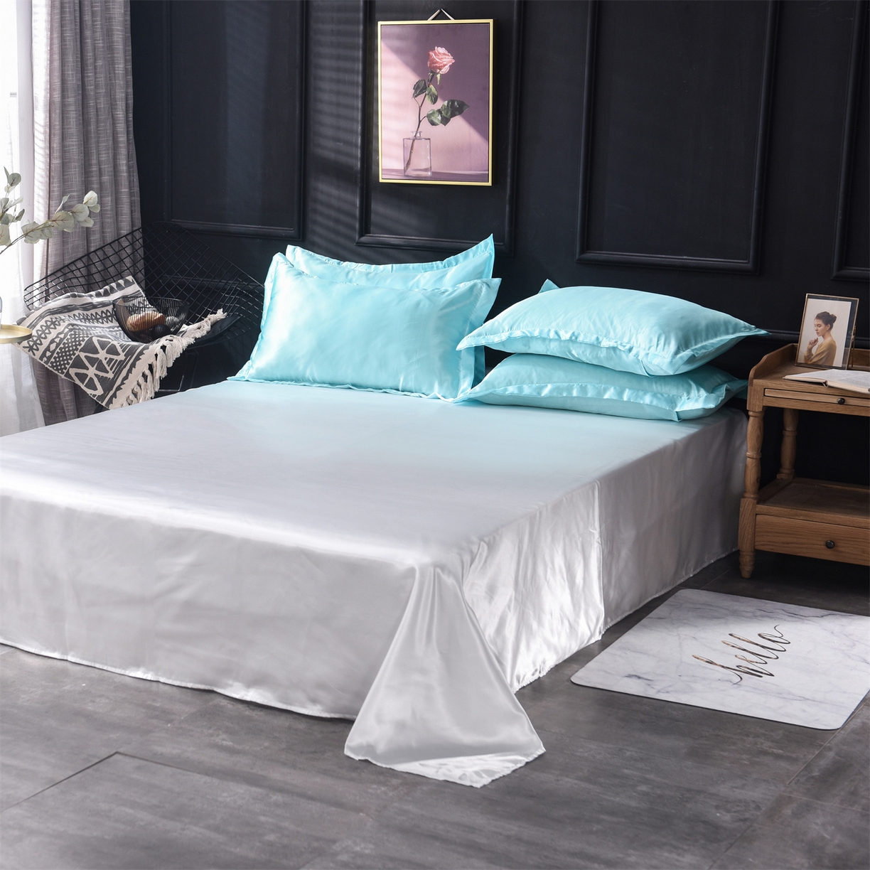 91家纺网 家纺一手货源 找家纺 经年 2026新款特价款丝绸冰丝四件套 水蓝白