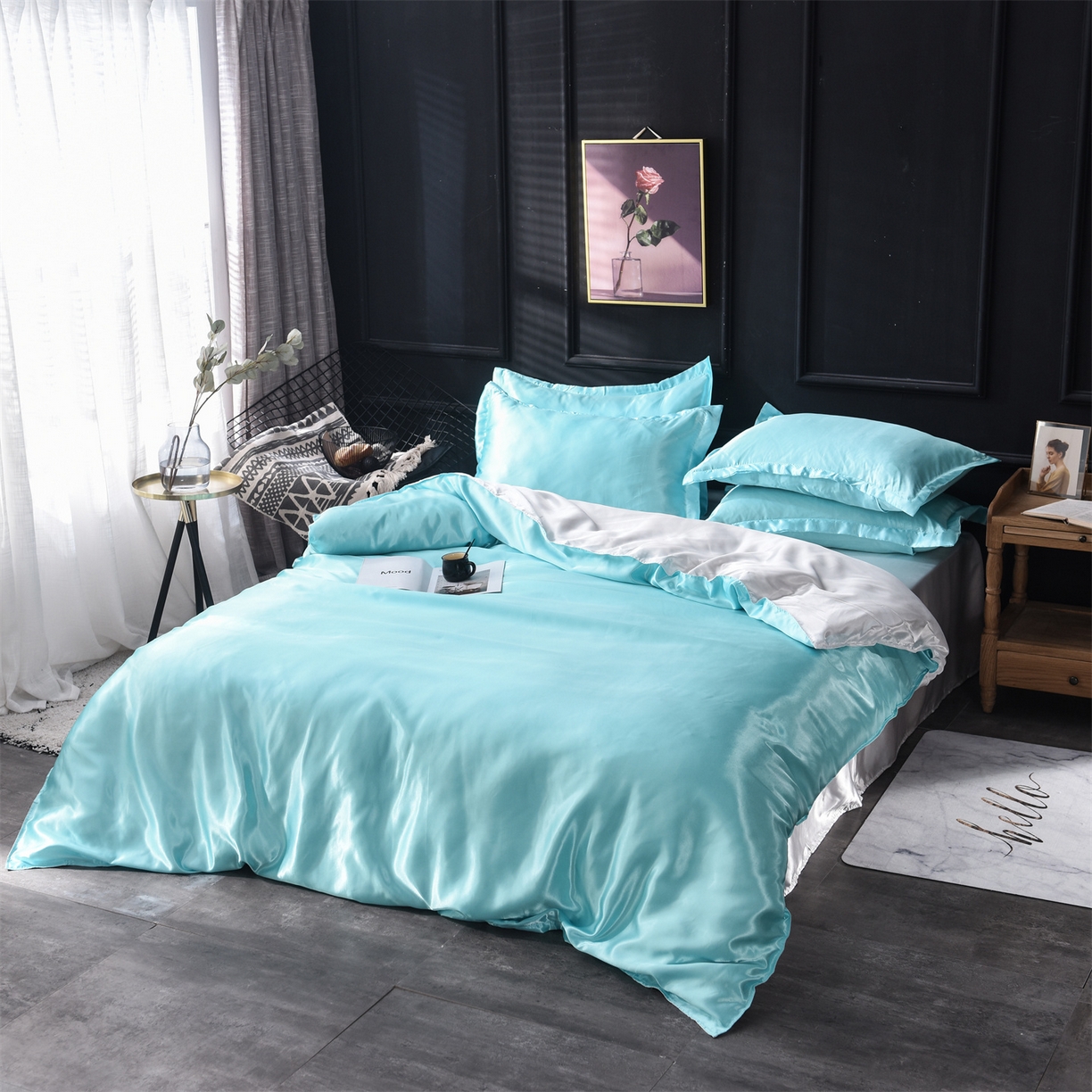 91家纺网 家纺一手货源 找家纺 经年 2026新款特价款丝绸冰丝四件套 水蓝白