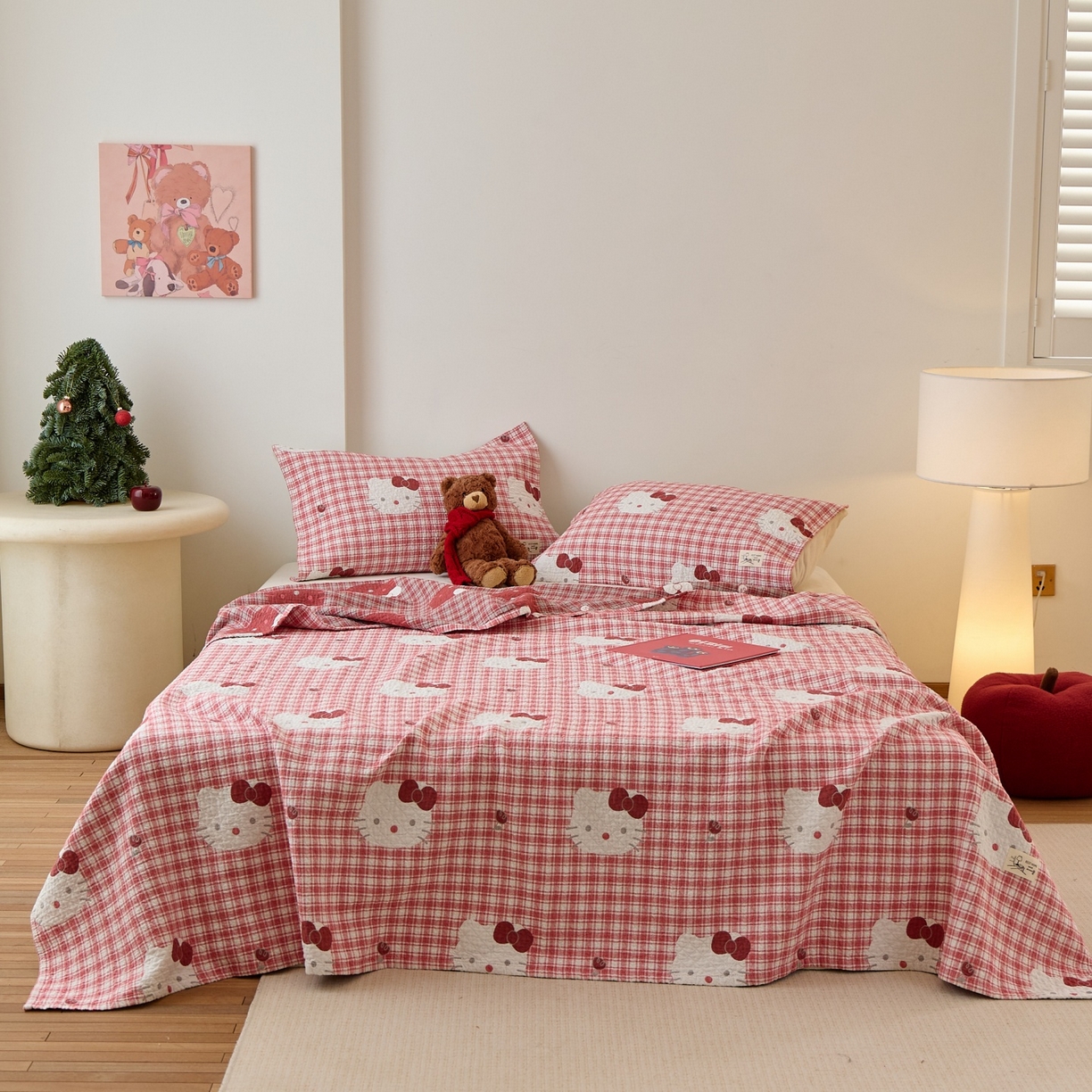 91家纺网 家纺一手货源 找家纺 沐瑟家纺 2026新款安心棉枕巾 格子KT猫