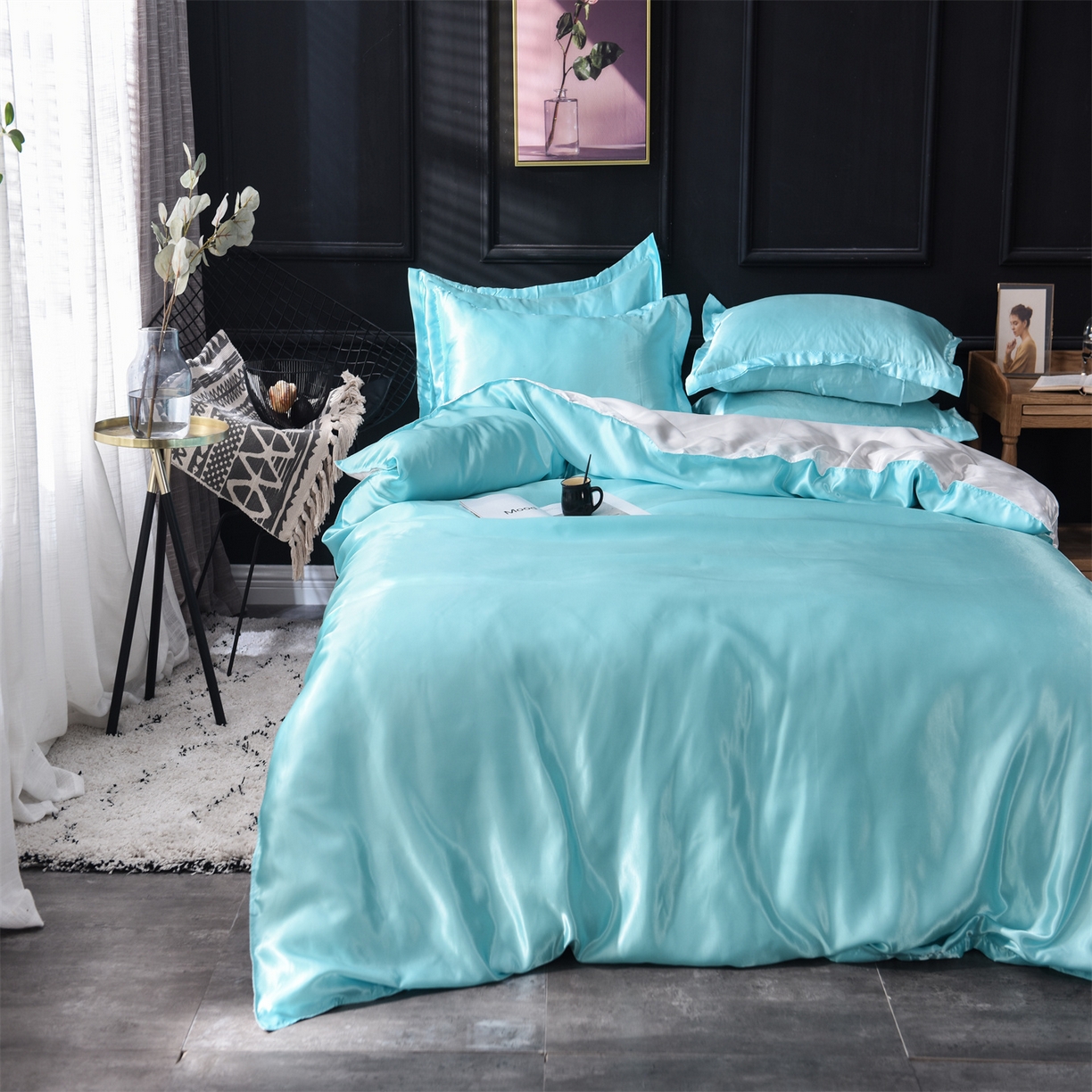 91家纺网 家纺一手货源 找家纺 经年 2026新款特价款丝绸冰丝四件套 水蓝白