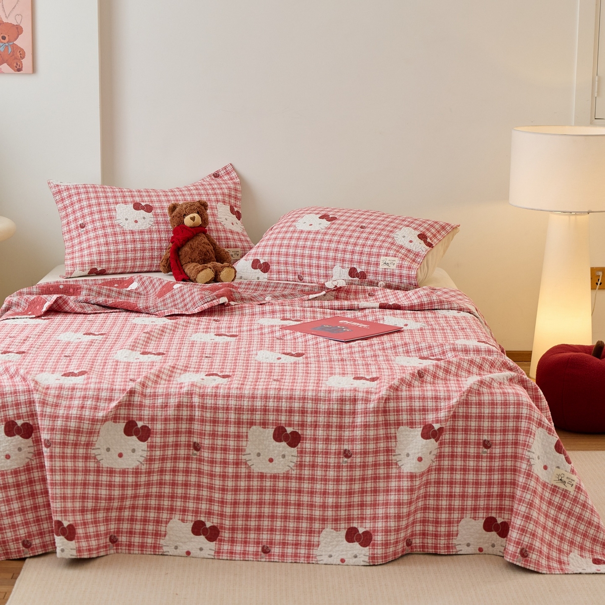 91家纺网 家纺一手货源 找家纺 沐瑟家纺 2026新款安心棉枕巾 格子KT猫