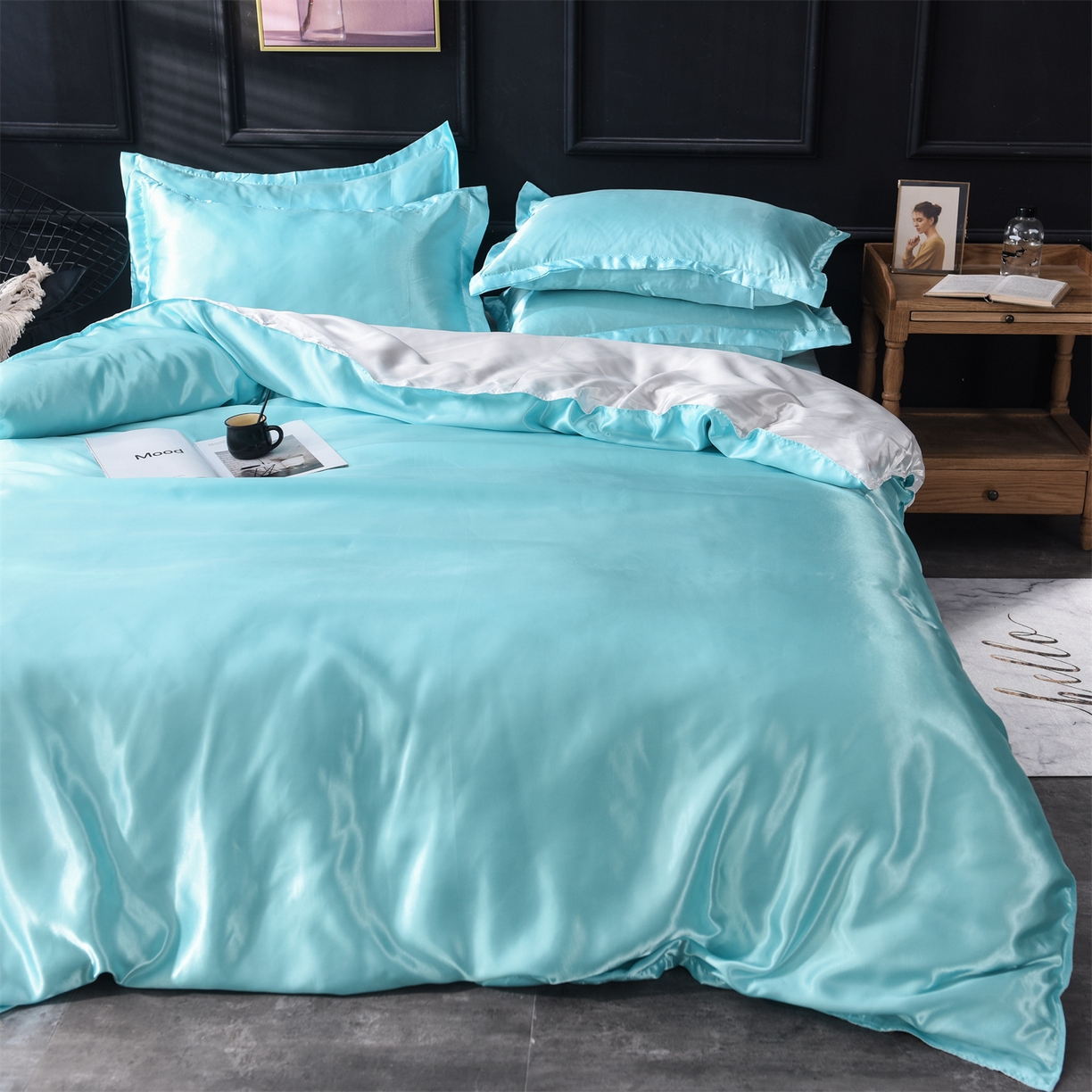 91家纺网 家纺一手货源 找家纺 经年 2026新款特价款丝绸冰丝四件套 水蓝白