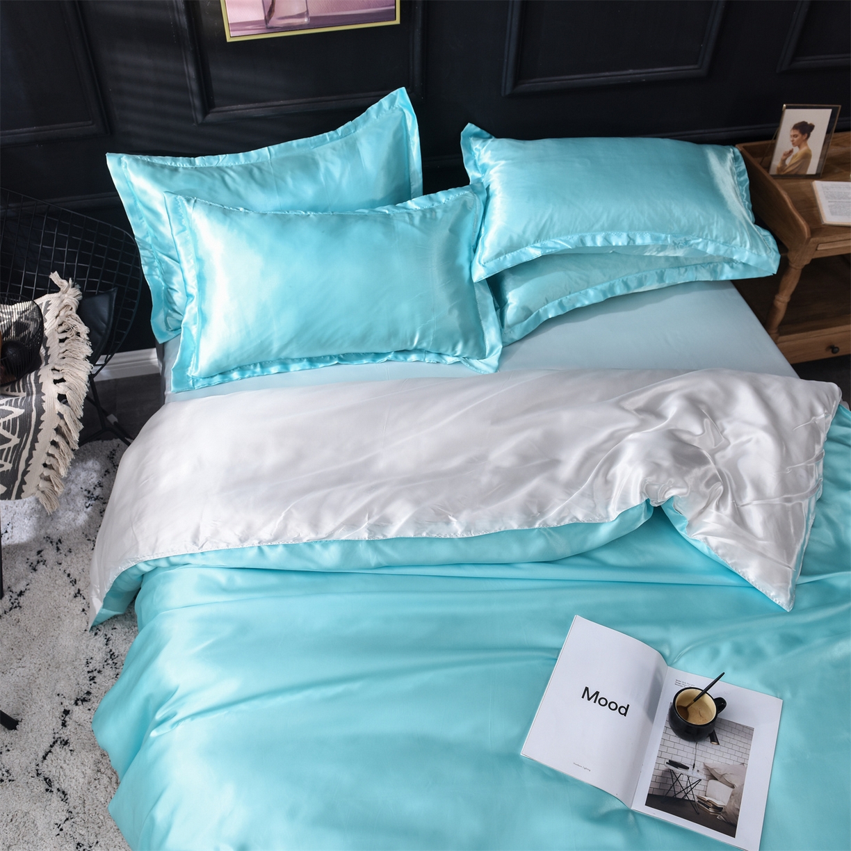 91家纺网 家纺一手货源 找家纺 经年 2026新款特价款丝绸冰丝四件套 水蓝白