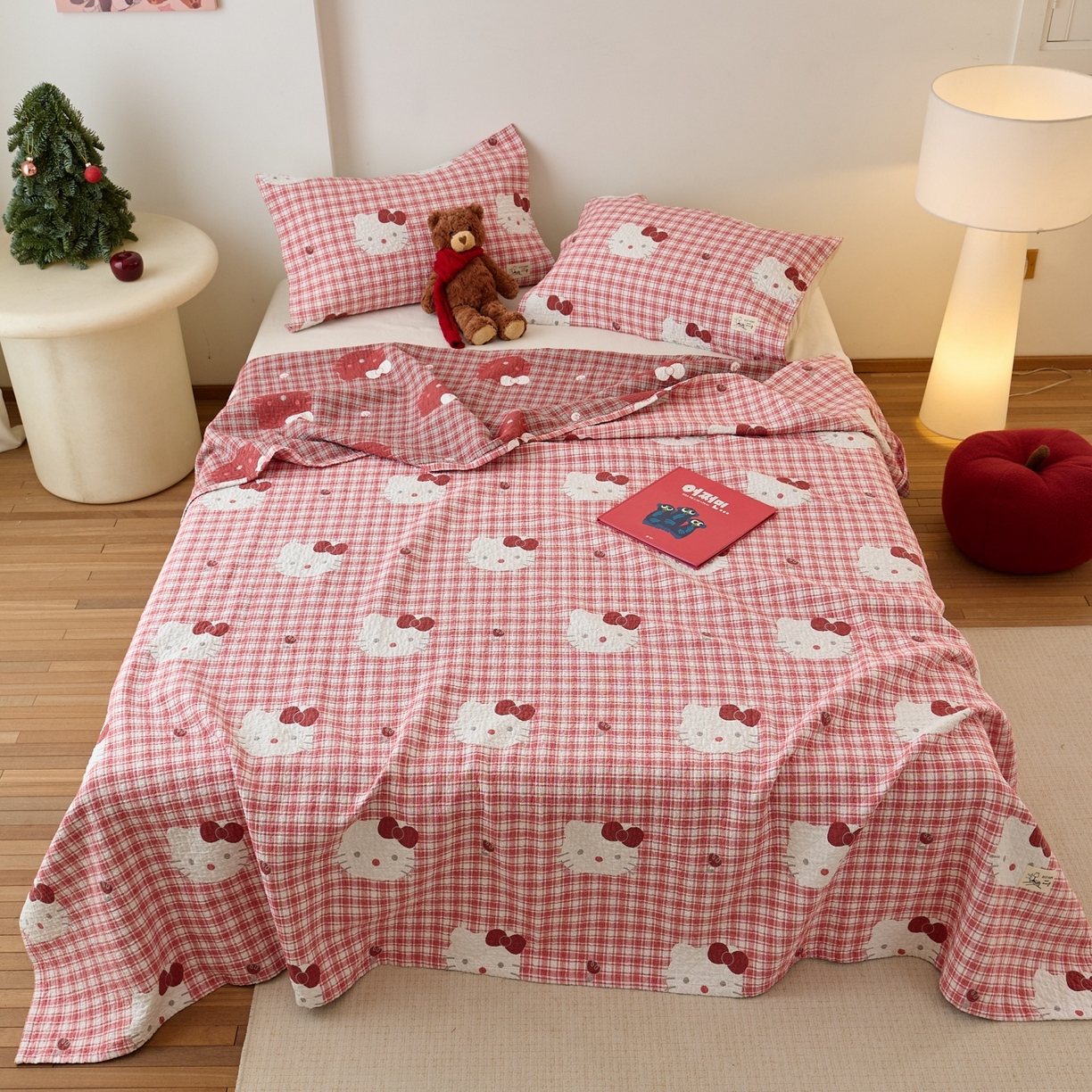 91家纺网 家纺一手货源 找家纺 沐瑟家纺 2026新款安心棉枕巾 格子KT猫